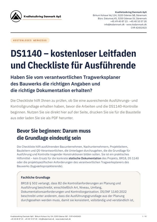 Titelseite der DS1140-Checkliste für Ausführende von KS Danmark