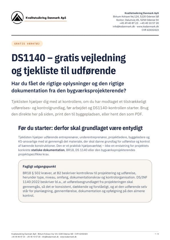 Forside af KS Danmarks DS1140-tjekliste til udførende