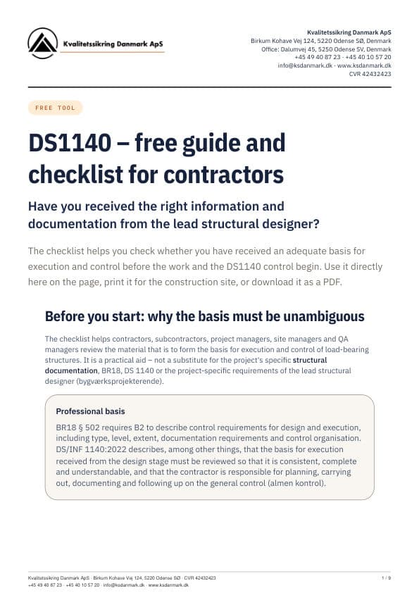 Cover of KS Danmark's DS1140 checklist for contractors