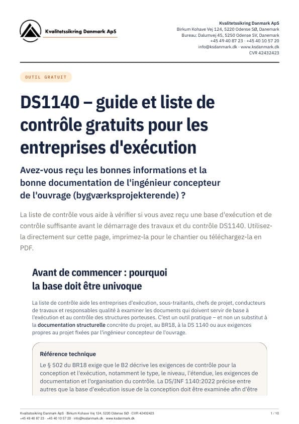 Couverture de la liste de contrôle DS1140 de KS Danmark pour les entreprises d'exécution