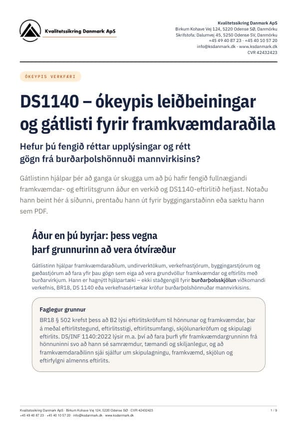 Forsíða DS1140-gátlista KS Danmark fyrir framkvæmdaraðila