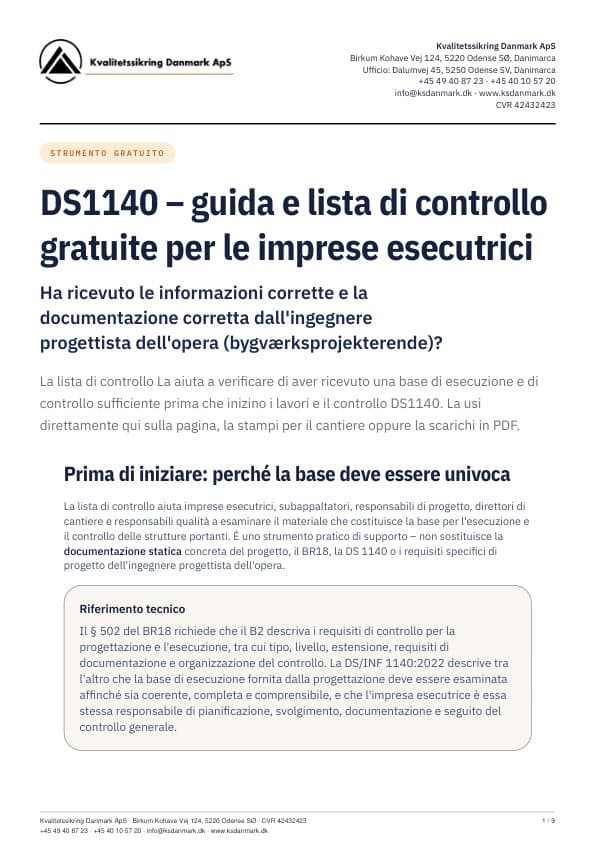 Copertina della lista di controllo DS1140 di KS Danmark per le imprese esecutrici