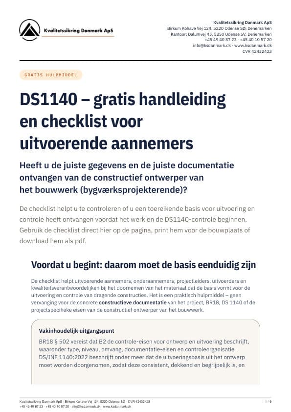 Voorpagina van de DS1140-checklist voor uitvoerende aannemers van KS Danmark