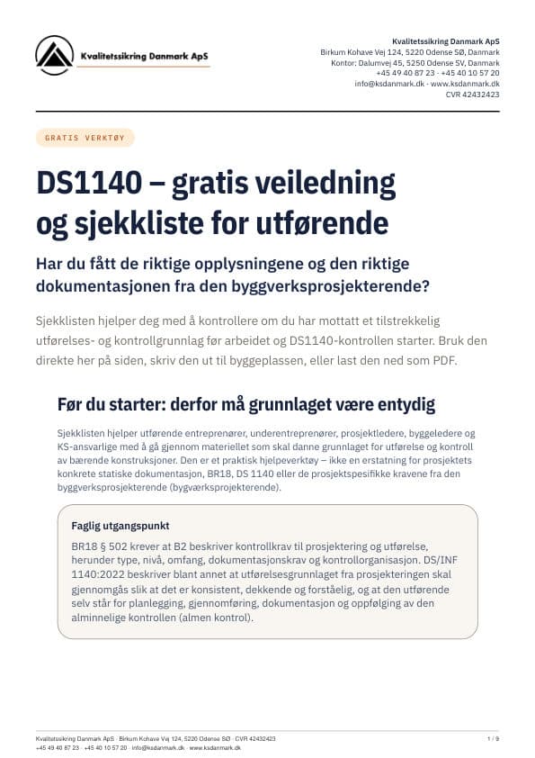 Forside av KS Danmarks DS1140-sjekkliste for utførende