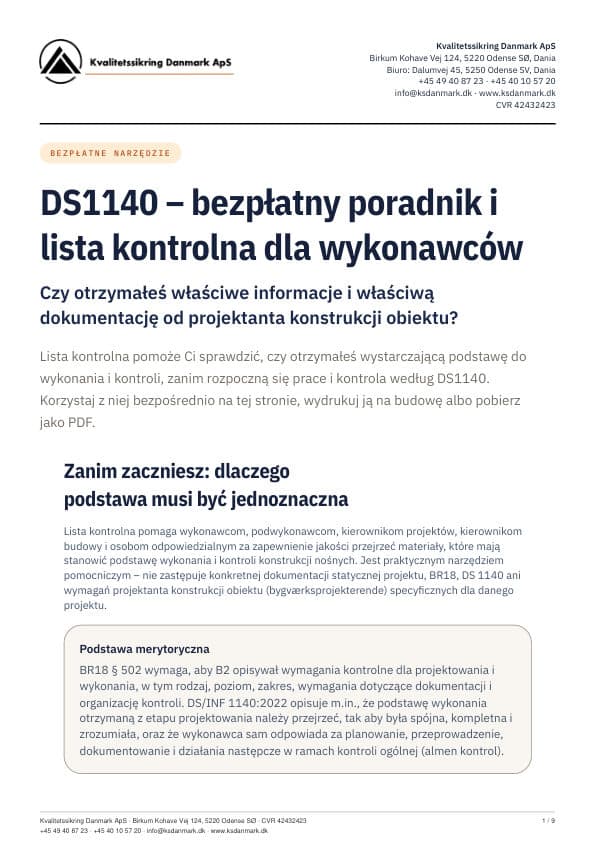 Strona tytułowa listy kontrolnej DS1140 dla wykonawców od KS Danmark