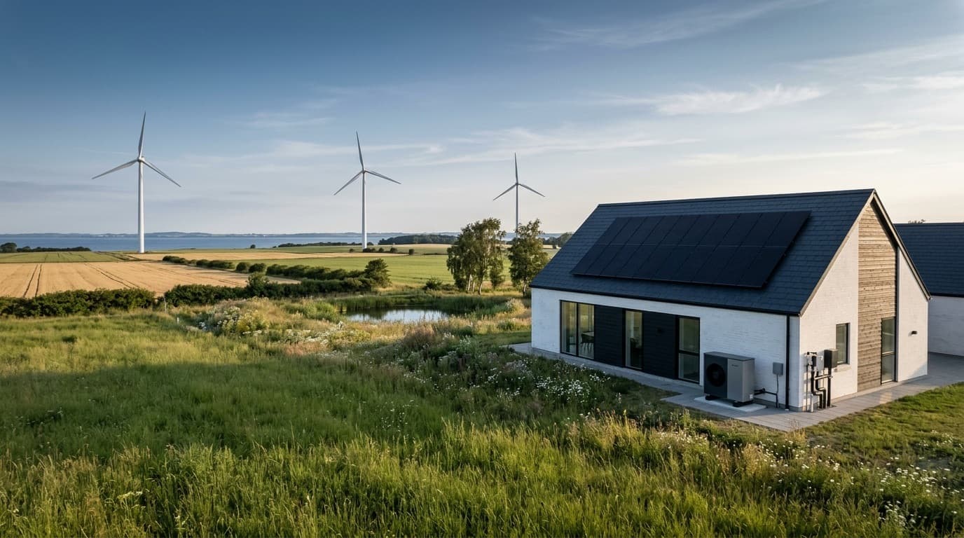 Bæredygtigt dansk byggeri med solceller, varmepumpe og vindmøller