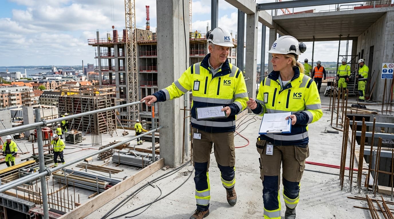 Projektleder og formand fra KS Danmark gennemgår udført arbejde på en byggeplads